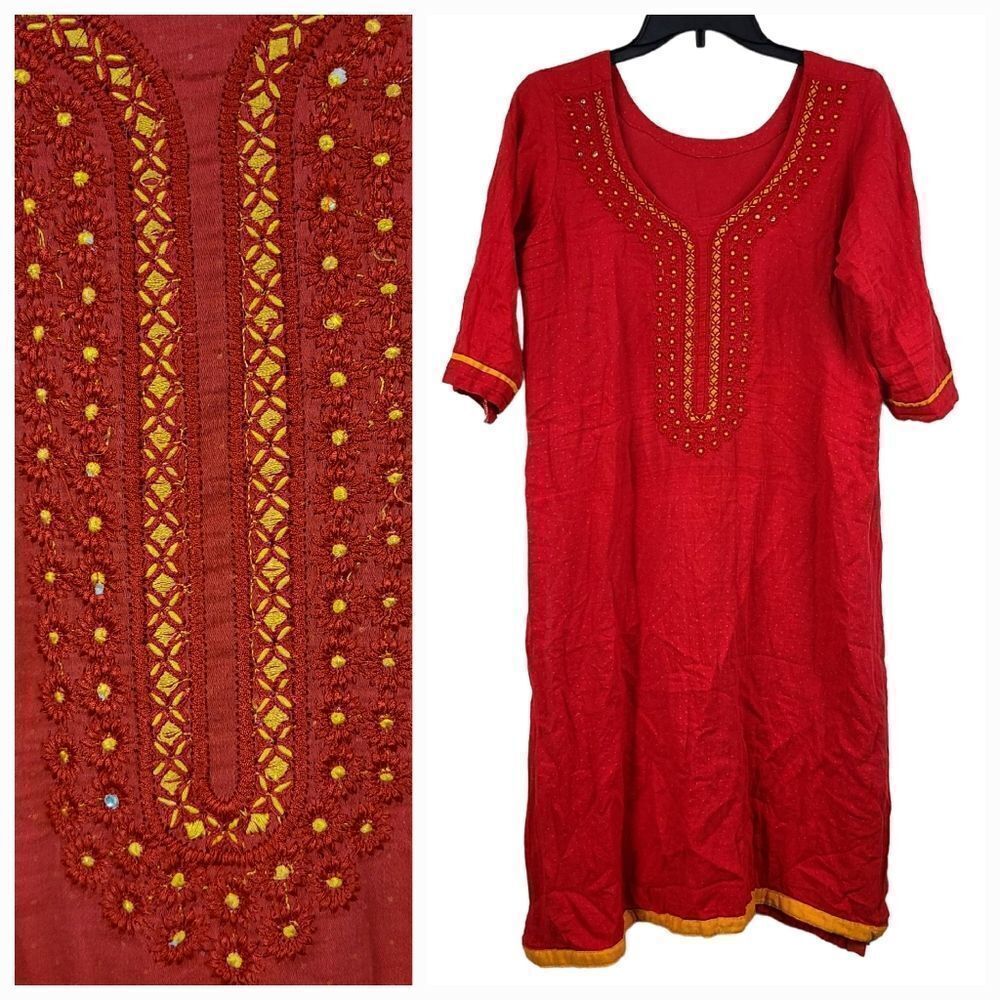 Pakistani Red Embroidered Kurta Dress 40 Soft Cotton Ethnic Tunic Global Chic
